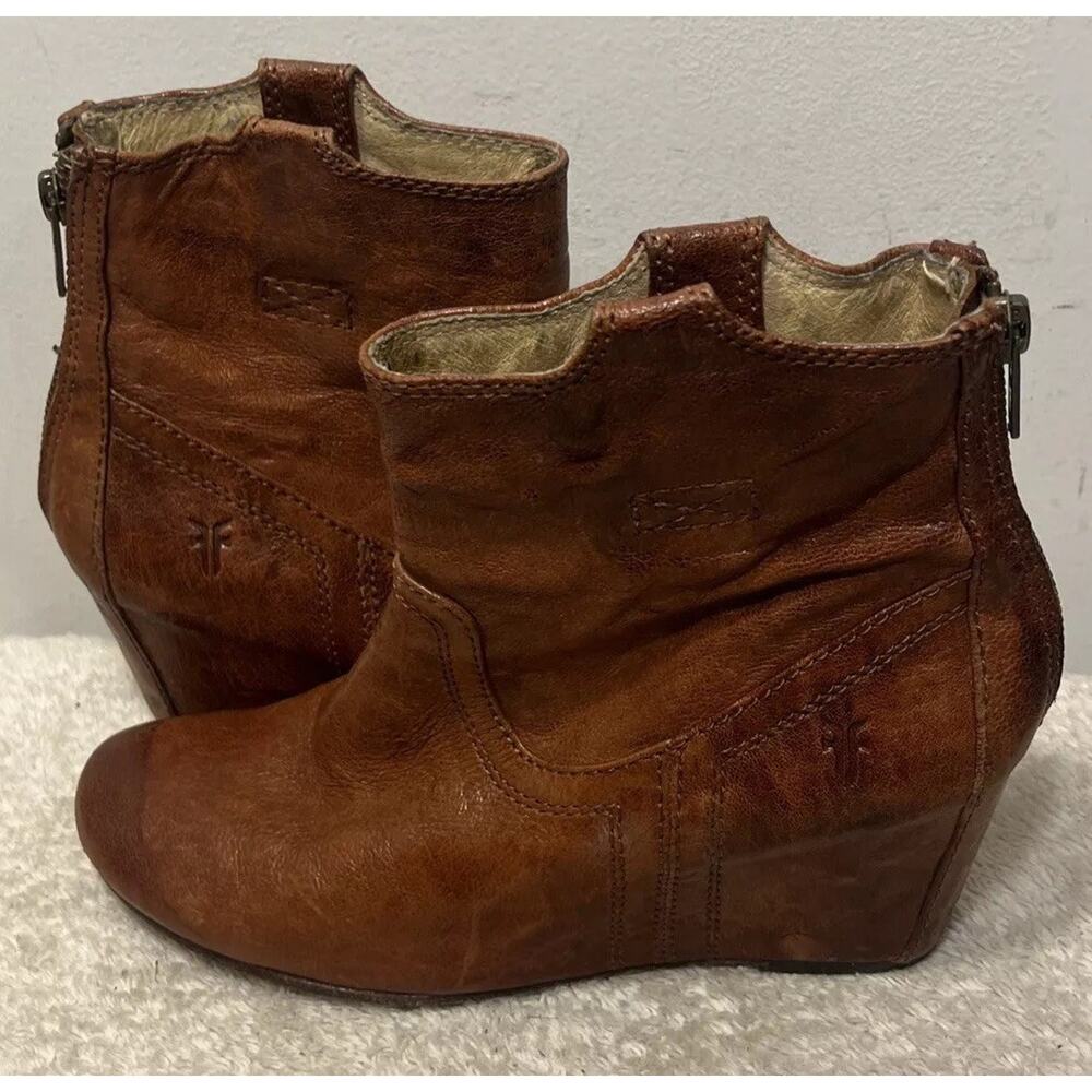 FRYE Carson Wedge Bootie Women's 6 M Brown Leather Western Ankle Boot Zip - Picture 4 of 14